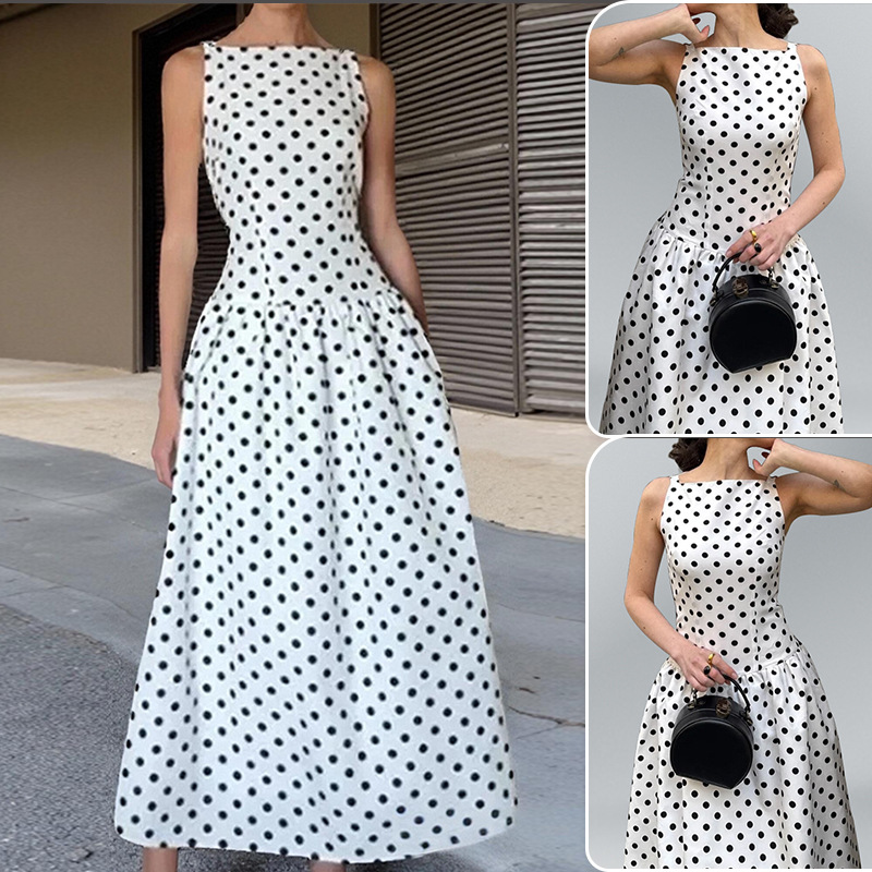 Polka Dot High-Waist Ruched Sleeveless Long Dress