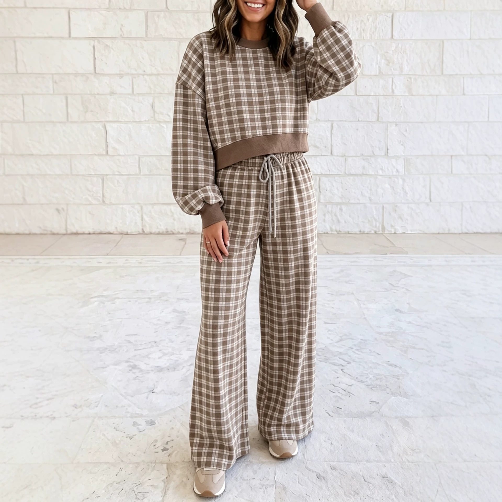 High-Waist Plaid Print Wide-Leg Two-Piece Pants Set