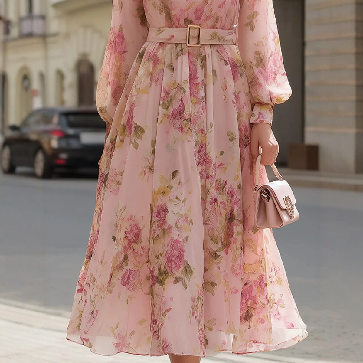 Printed Long Sleeve Tie-Waist Midi Dress with Bubble Sleeves