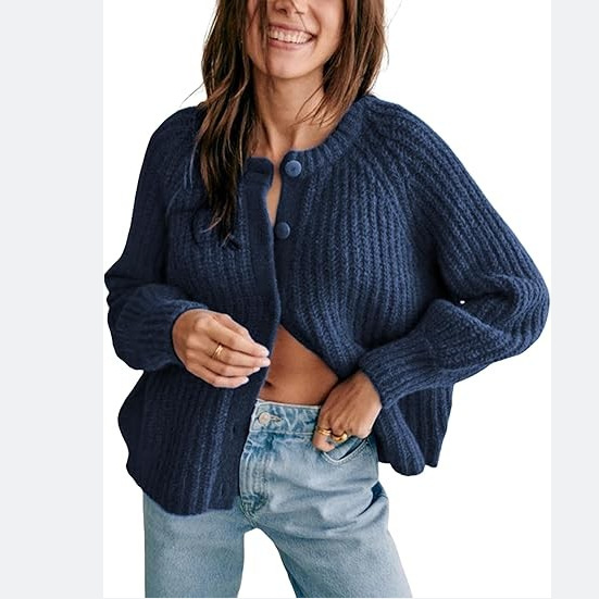 Women's Solid Knit Cardigan Round Neck Long Sleeve Loose Fit