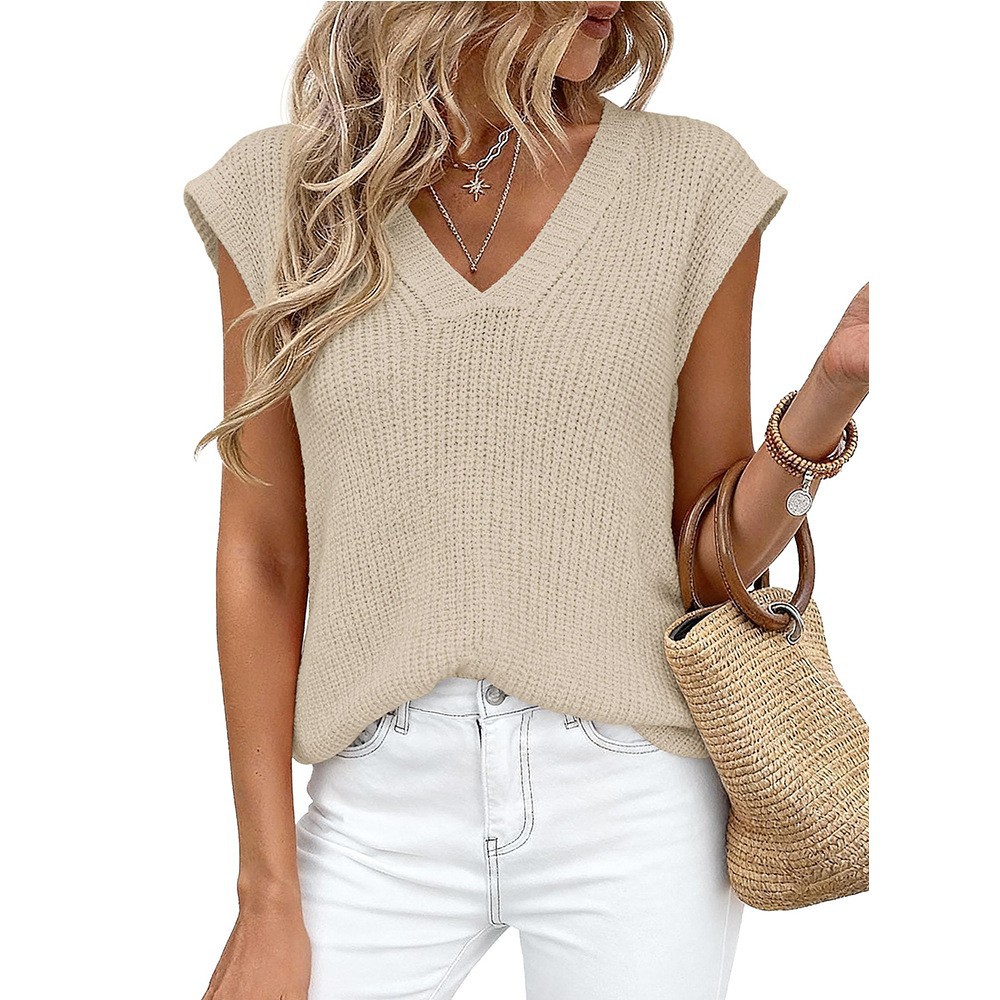 Women's V-Neck Short Sleeve Chunky Knit Sweater Top