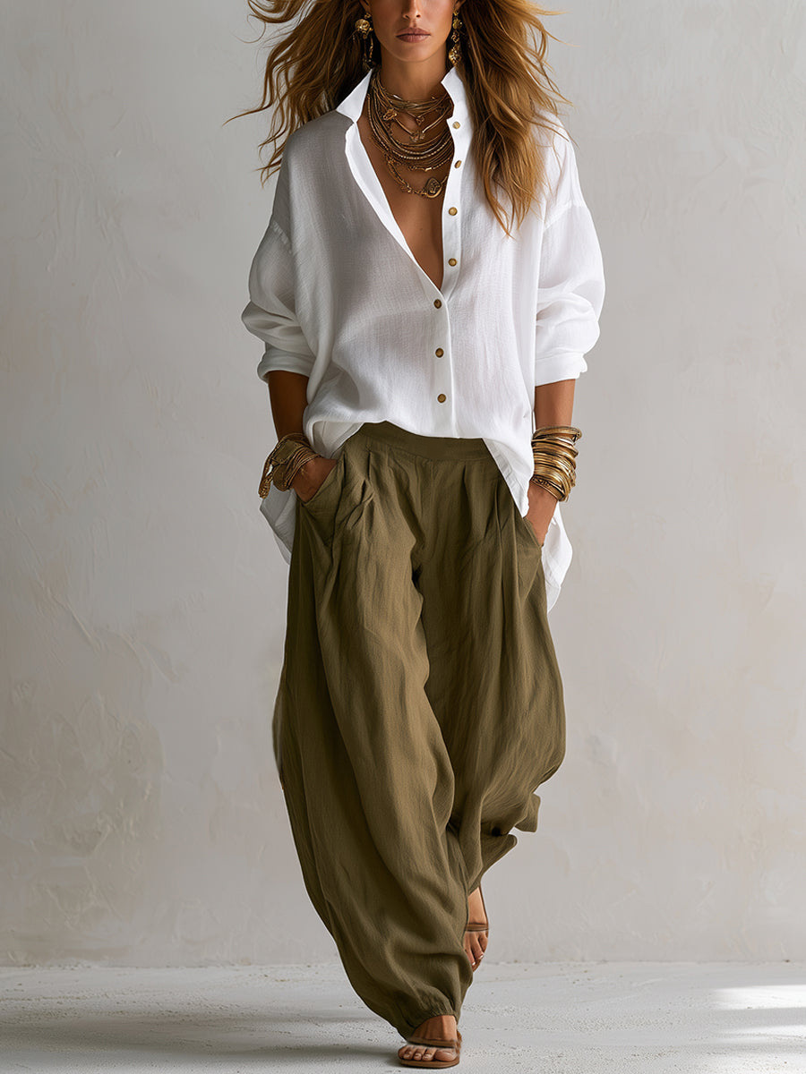 Women's Loose Long Sleeve Collared Cardigan and Pants Two-Piece Set