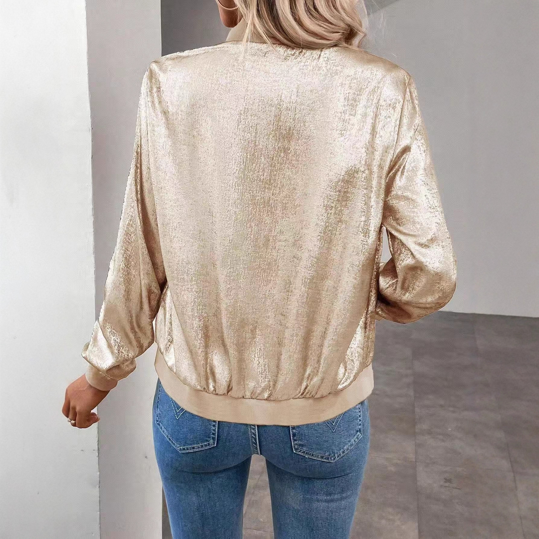 Metallic Velvet Zip Jacket Casual Top
