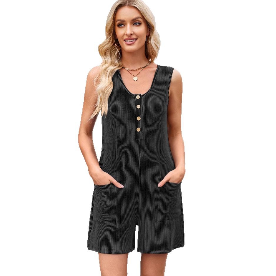 Women's Sleeveless Striped Colorblock Jumpsuit with Buttons