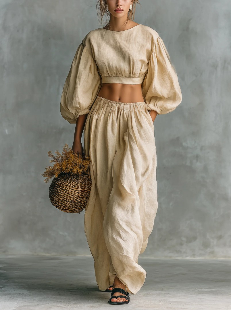 Women's Crewneck Puff Sleeve Pocket Pants Casual Set