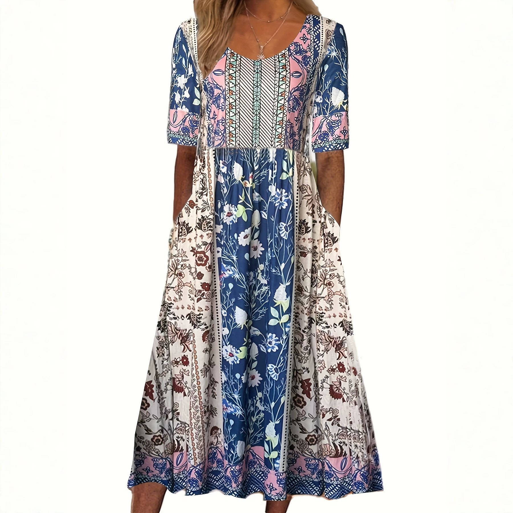 Women's Boho Floral Print Short Sleeve Midi Dress