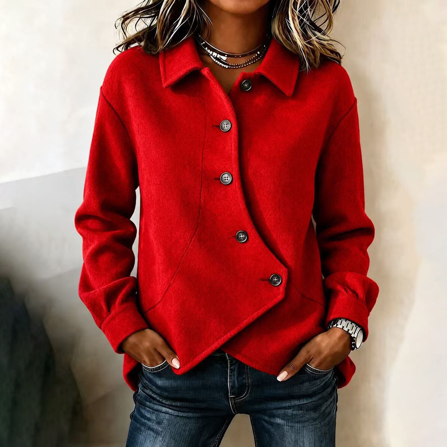 Women's Solid Color Asymmetrical Wool-Blend Coat Casual Loose Fit