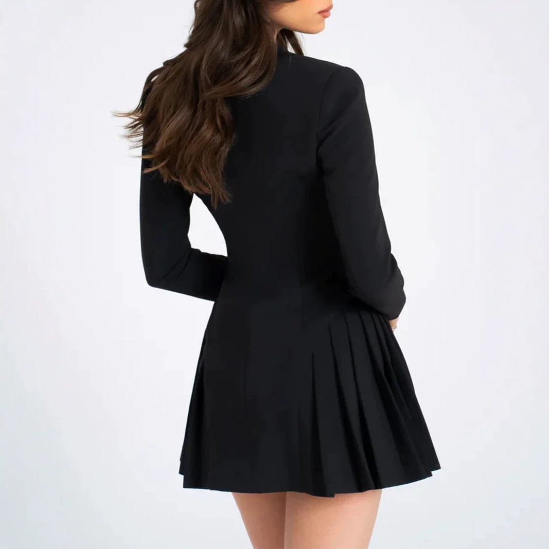 French Deep V Waist-Cinched Blazer Dress with Rhinestone Buttons