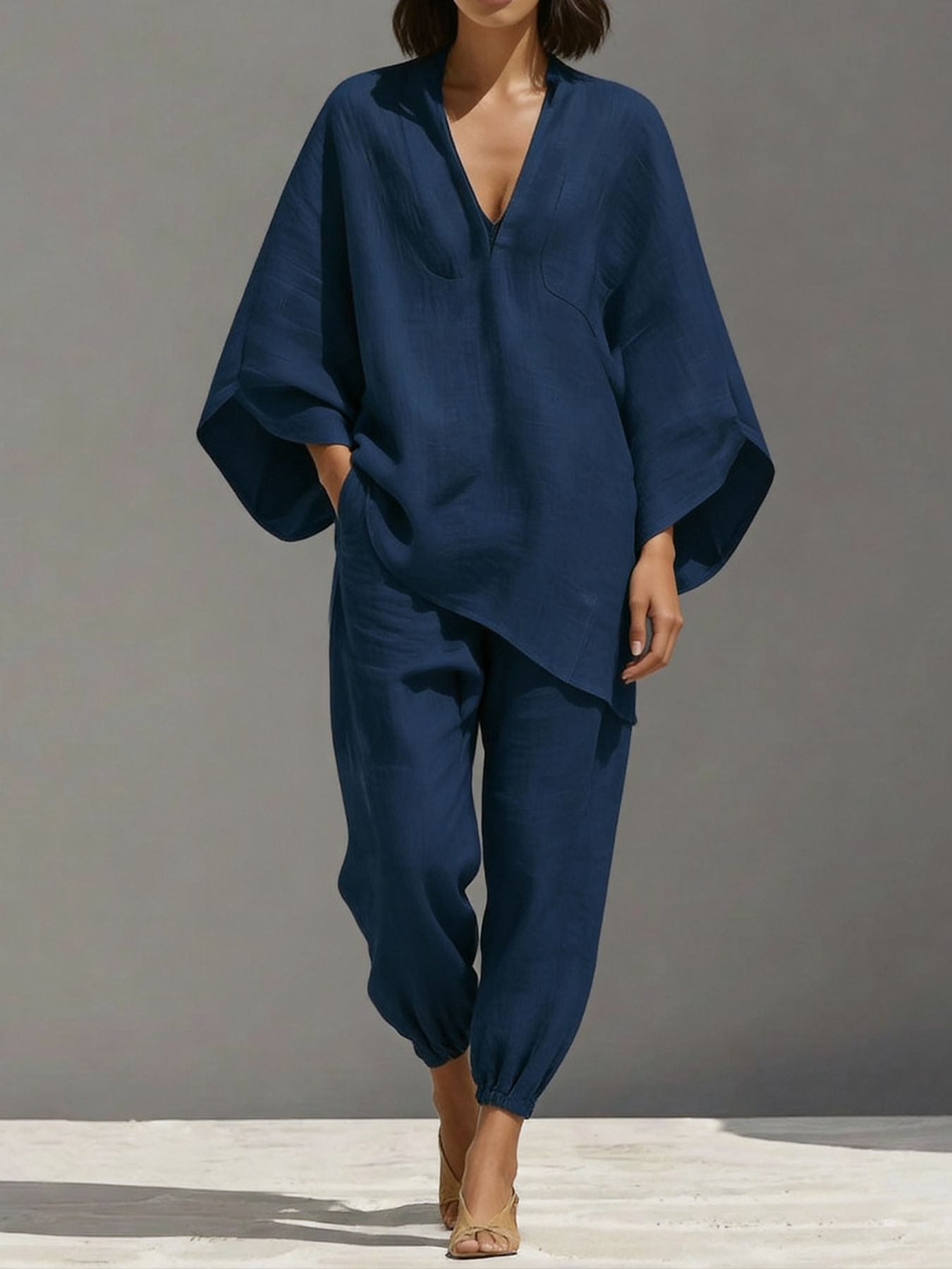 Women's Deep V-Neck Batwing Sleeve Loose Casual Two-Piece Set