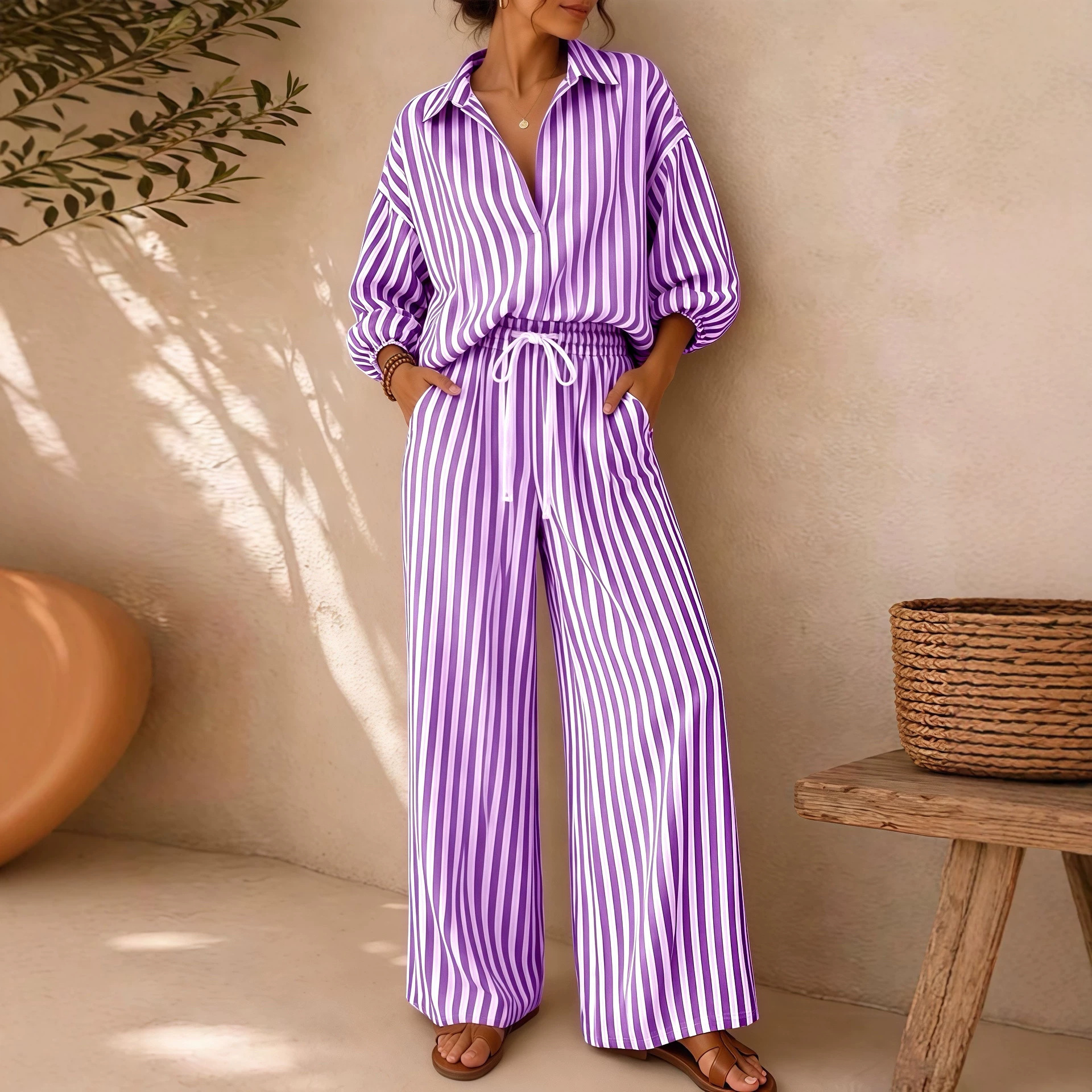 Striped Top & Solid Wide-Leg Pants Two-Piece Set