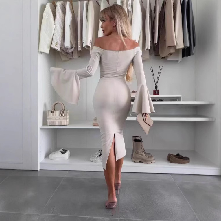 Solid Color Off-Shoulder Flare-Sleeve Slit Dress
