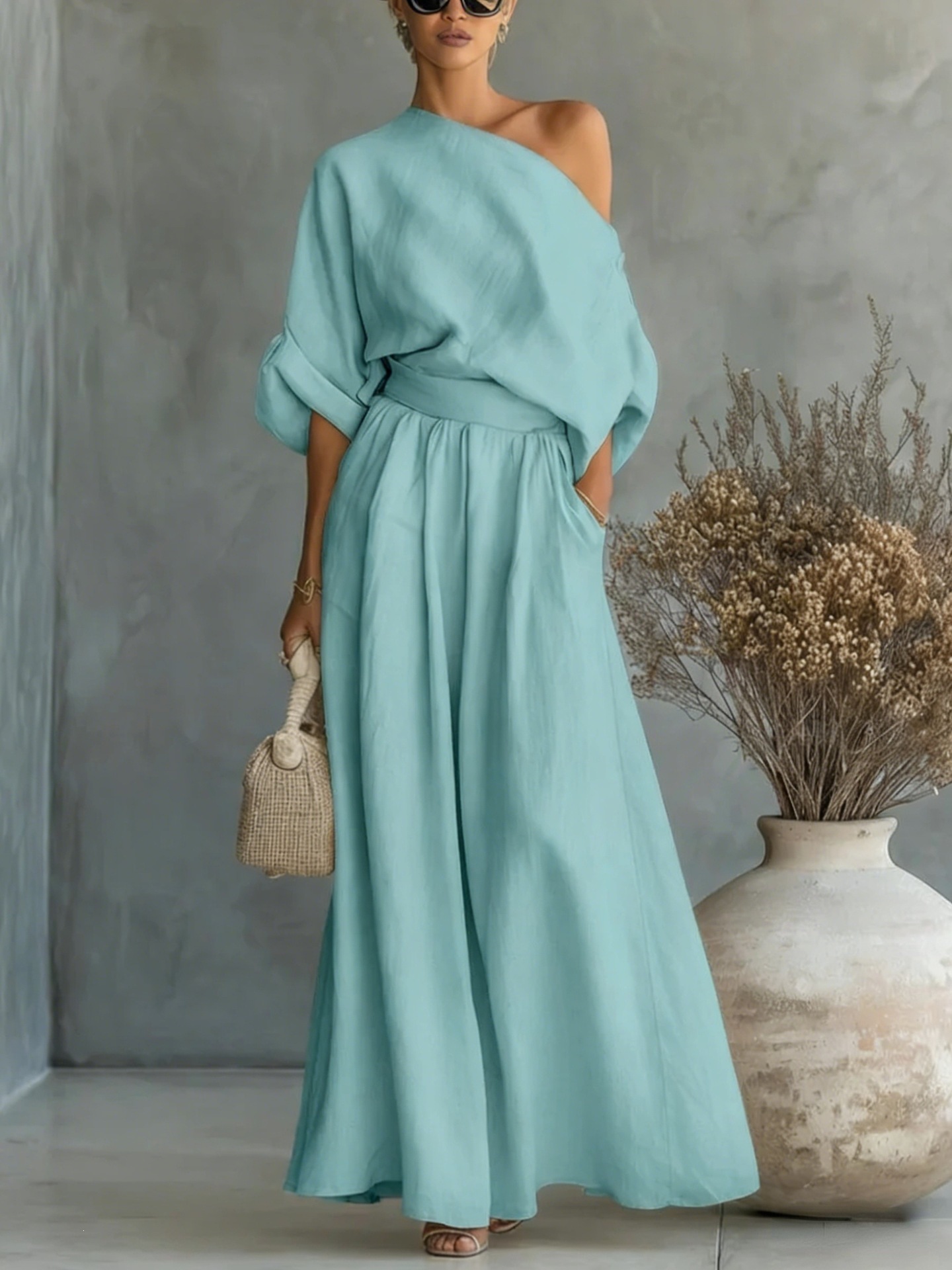 Elegant One-Shoulder Waist-Cinching Top and Skirt Two-Piece Set