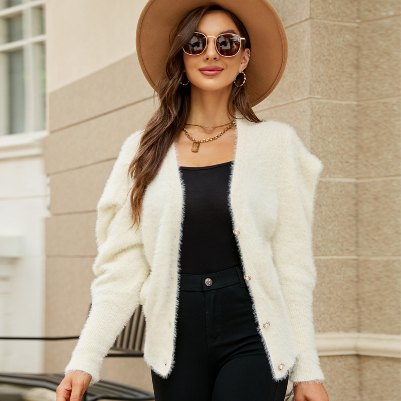 Chic V-Neck Puff Sleeve Knit Cardigan Sweater