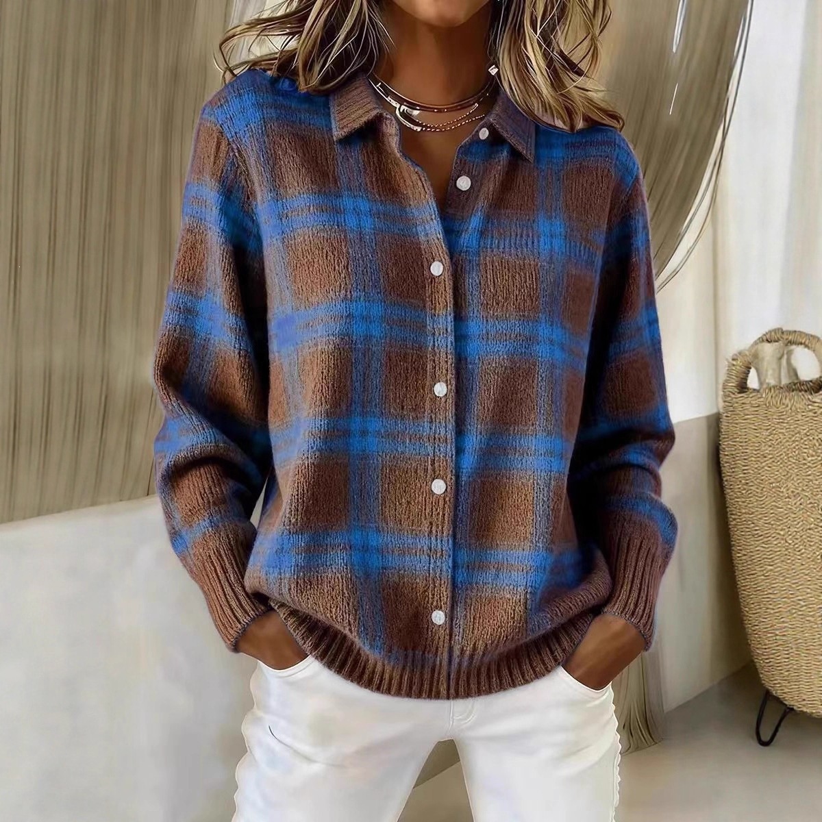 Women's Plaid Long Sleeve Collared Cardigan Sweater
