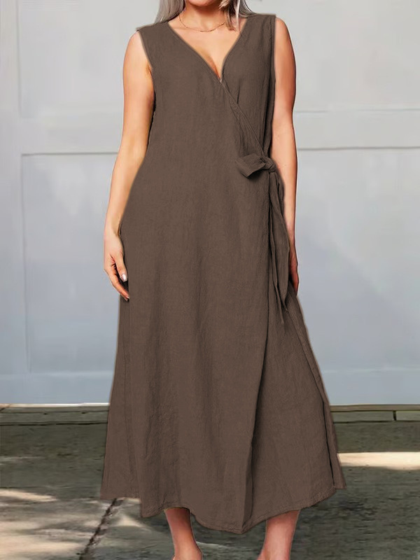 Women's Summer Loose Tie-Front Sleeveless Solid Cotton-Blend Dress