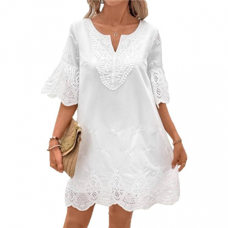 Hollow-Out Embroidered Lace V-Neck Half-Sleeve Dress