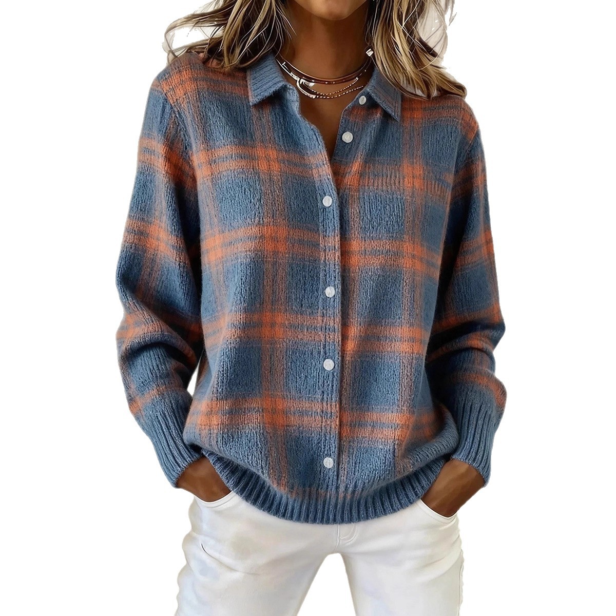 Women's Striped Color-Block Knit Cardigan with Lapel Collar