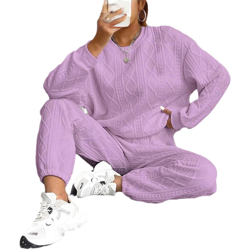 Women's Cable Knit Patchwork Long Sleeve Round Neck Top and Jogger Pants Two-Piece Set