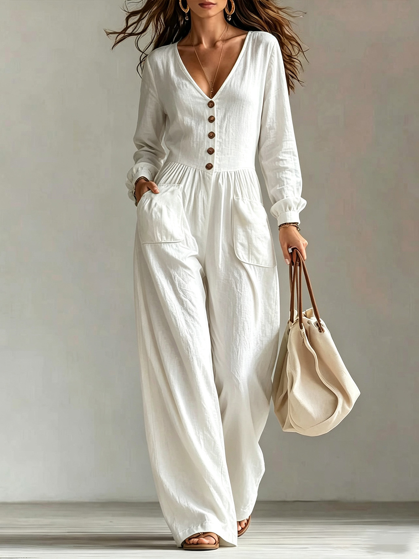 Women's V-Neck Long Sleeve Wide Leg Jumpsuit with Pockets Casual