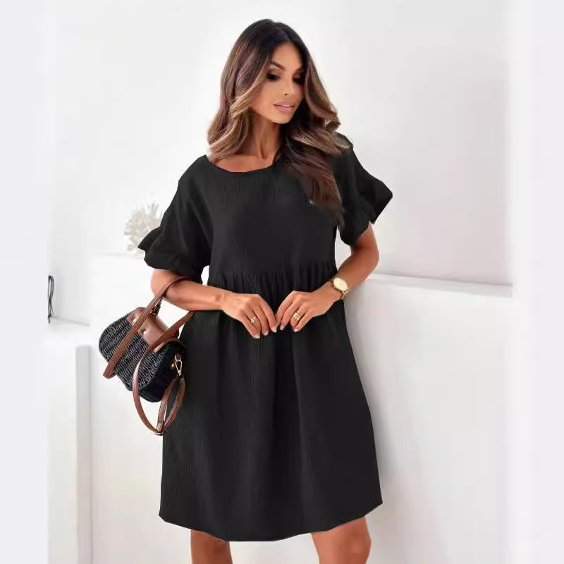 Women's Crewneck Short Sleeve Solid Pleated Loose Dress
