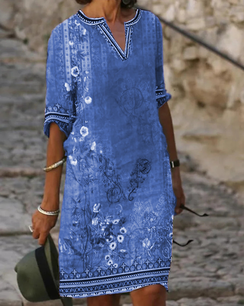 Bohemian Floral Print V-Neck Short Sleeve Midi Dress