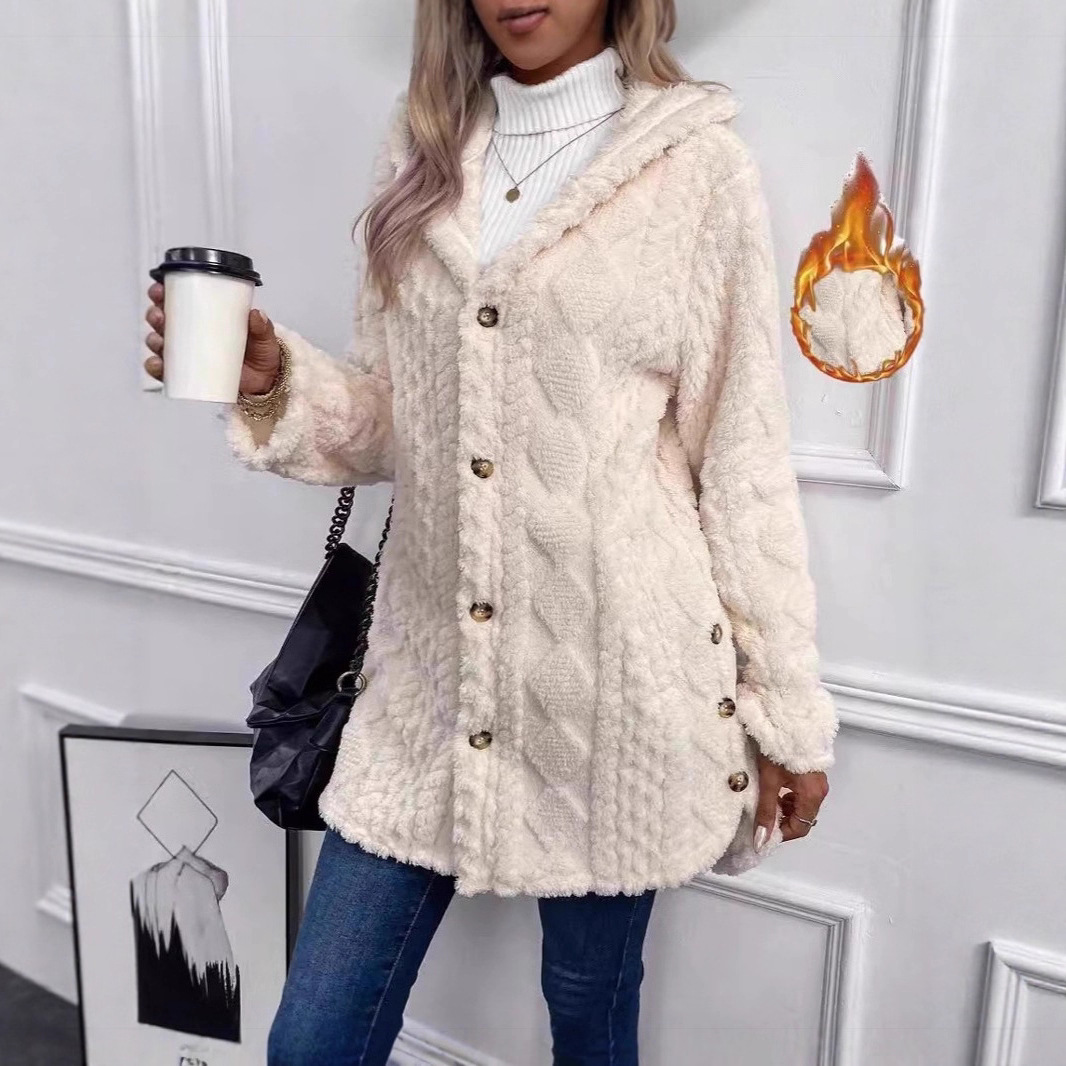 Women's Hooded Double-Fleece Cardigan Long-Sleeve Casual Warm Jacket