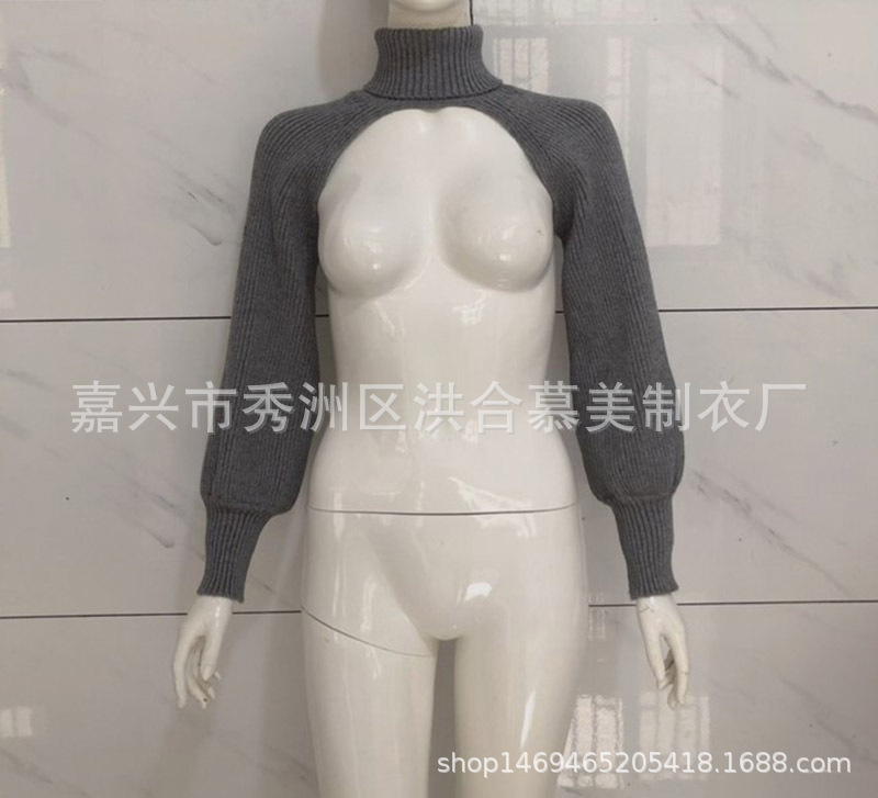 Women's Lantern Sleeve Turtleneck Knit Sweater with Knit Sleeves Solid Color