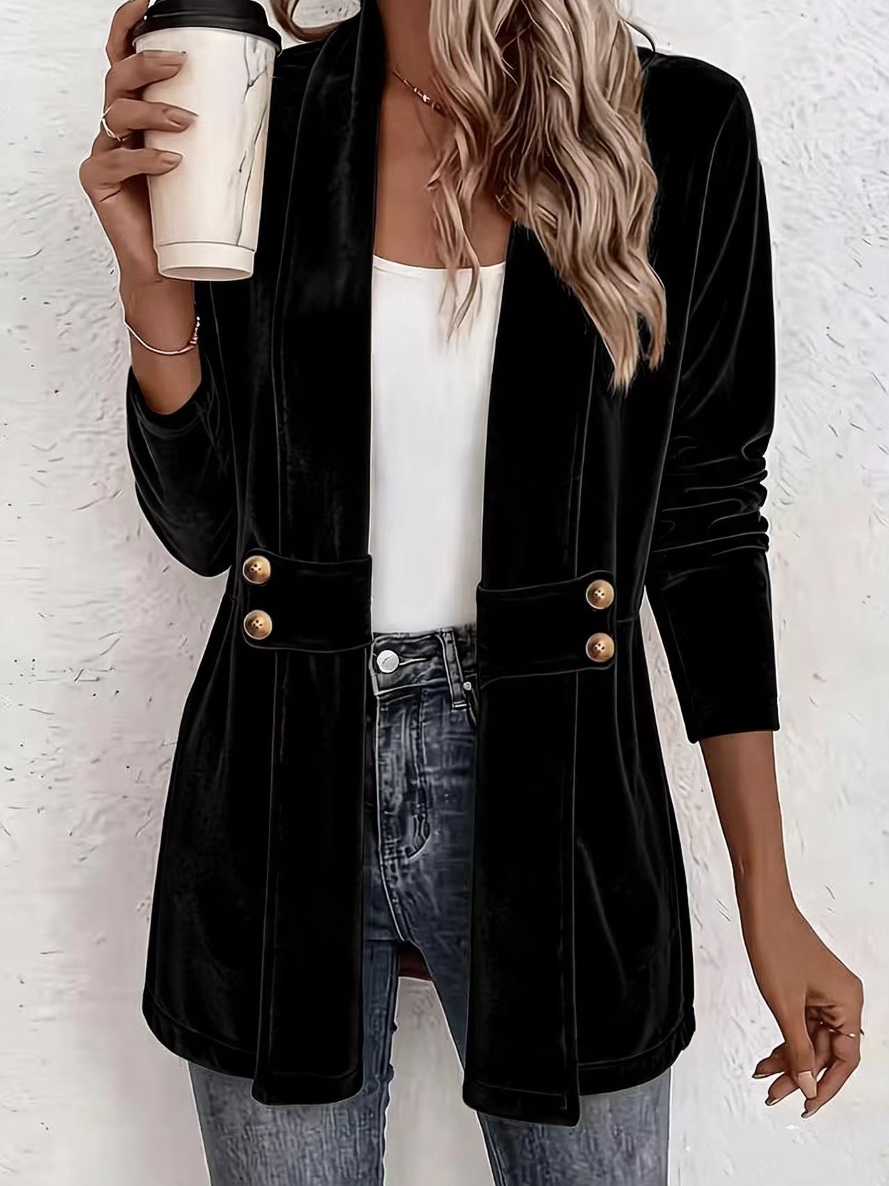 Women's Double-Breasted Velvet Cardigan Lazy Style Mid-Length Top