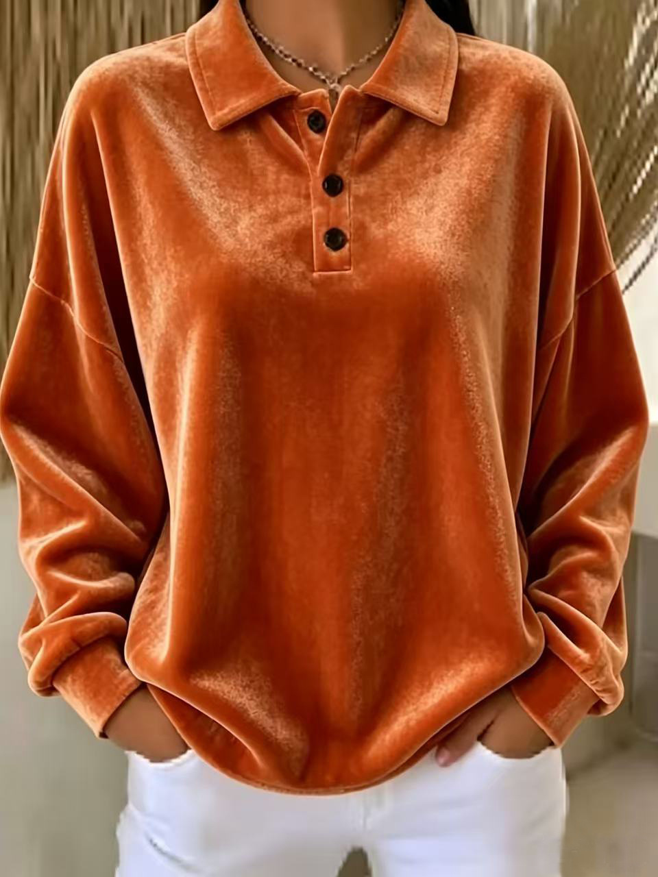 Women's Long-Sleeve Polo Collar Sweatshirt Top
