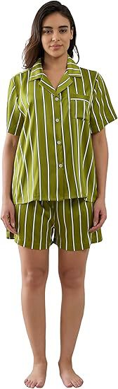 Women's Cuban Collar Satin Striped Print Short Sleeve Shirt Set