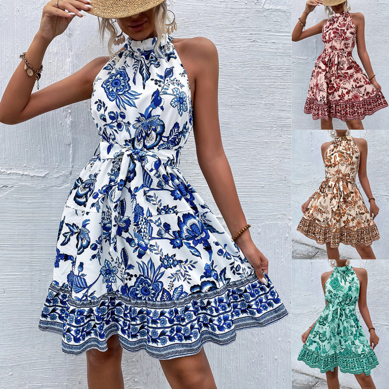Floral Halter Neck Waist-Cinching Midi Dress
