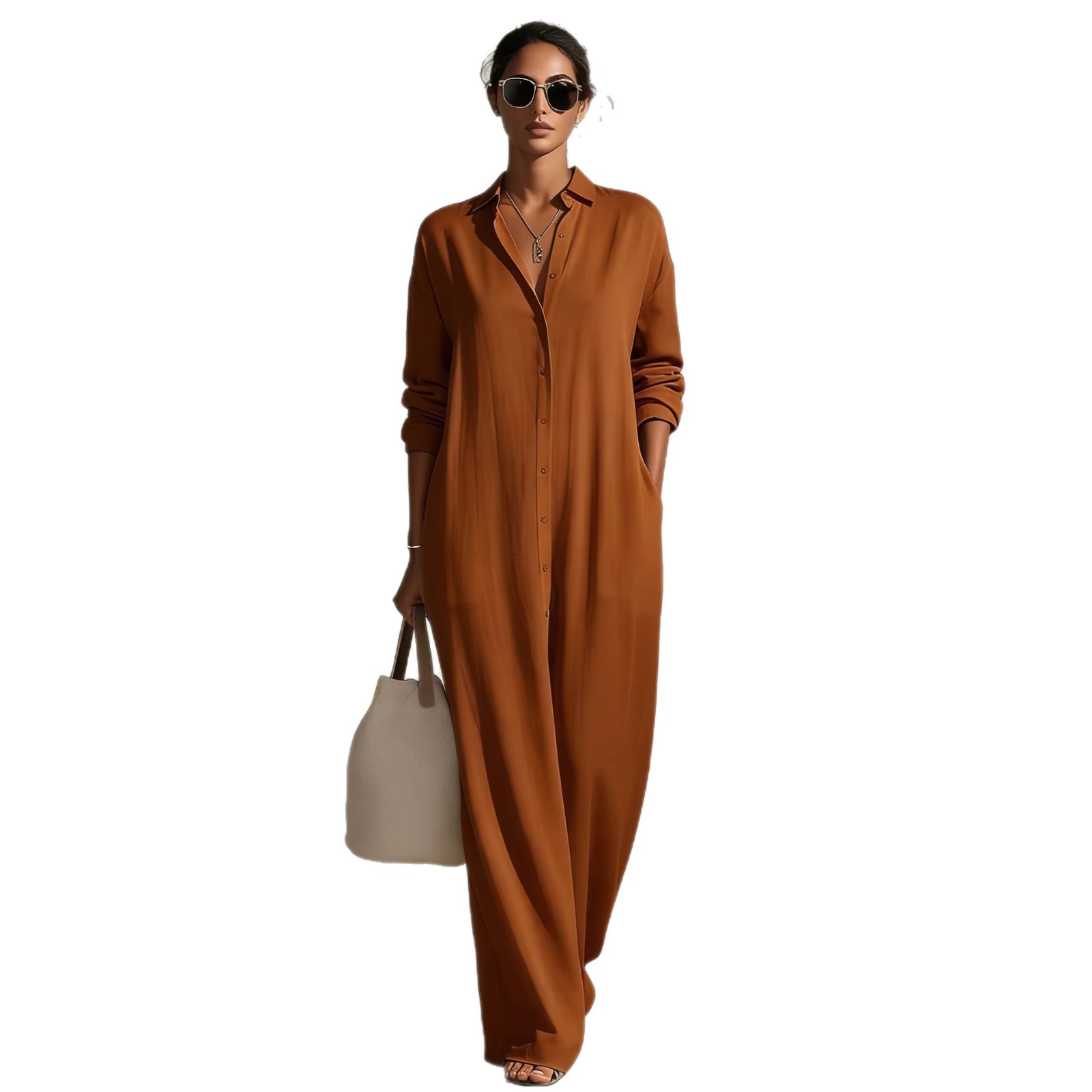 Women's Long Sleeve Polo Neck Shirt Dress Casual Solid Color Long Dress