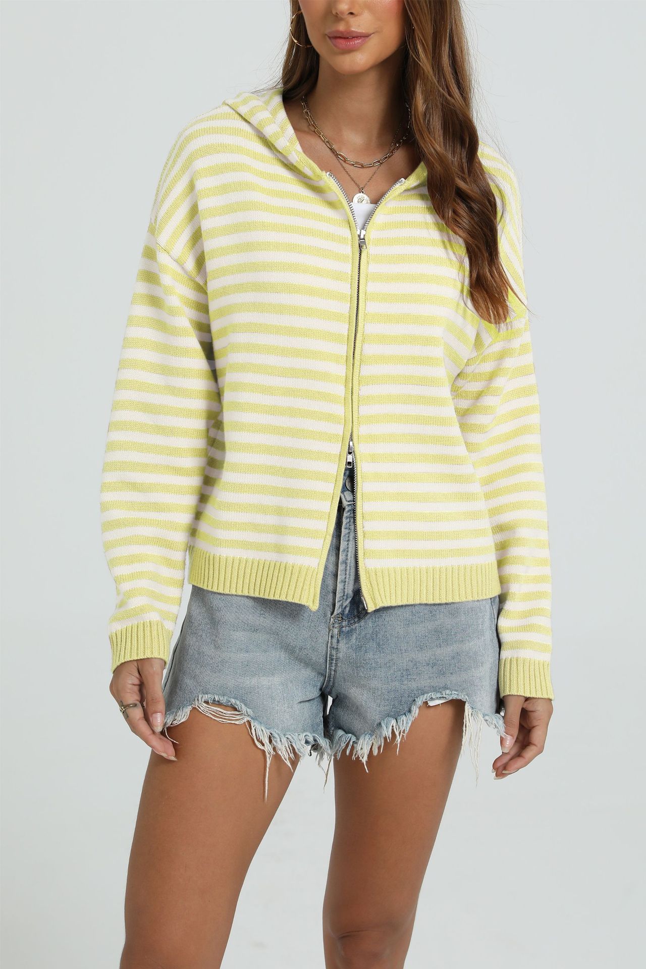 Women's Casual Hooded Striped Colorblock Knit Zip Cardigan