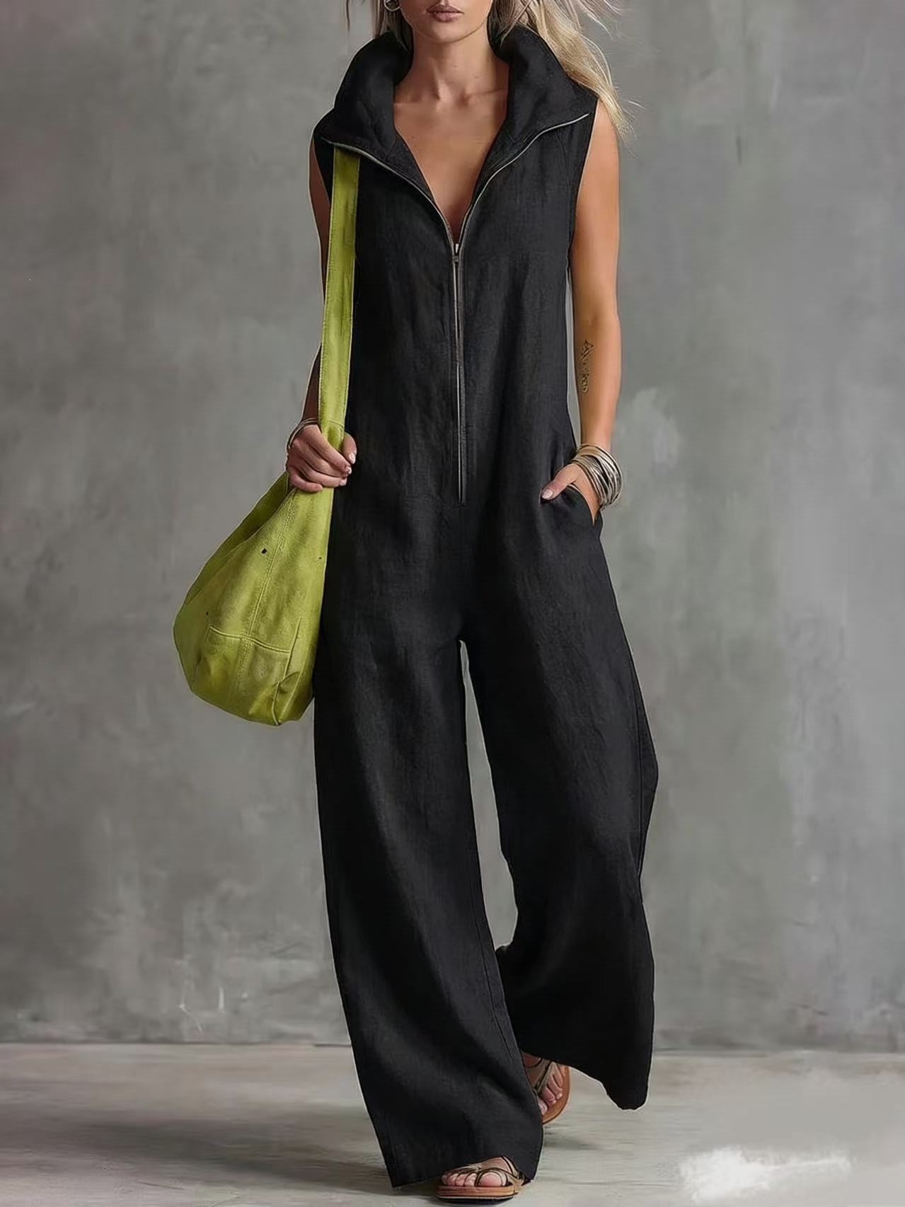 Women's Loose Sleeveless Jumpsuit with Pockets Linen-Blend Casual