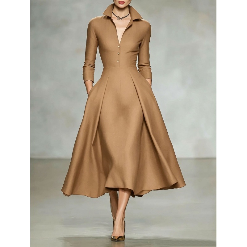 V-Neck Waist-Cinching Long-Sleeve Midi Dress