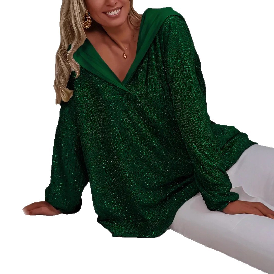 Women's Sequin Hoodie with Drop Shoulder Sleeves Loose Fit Pullover