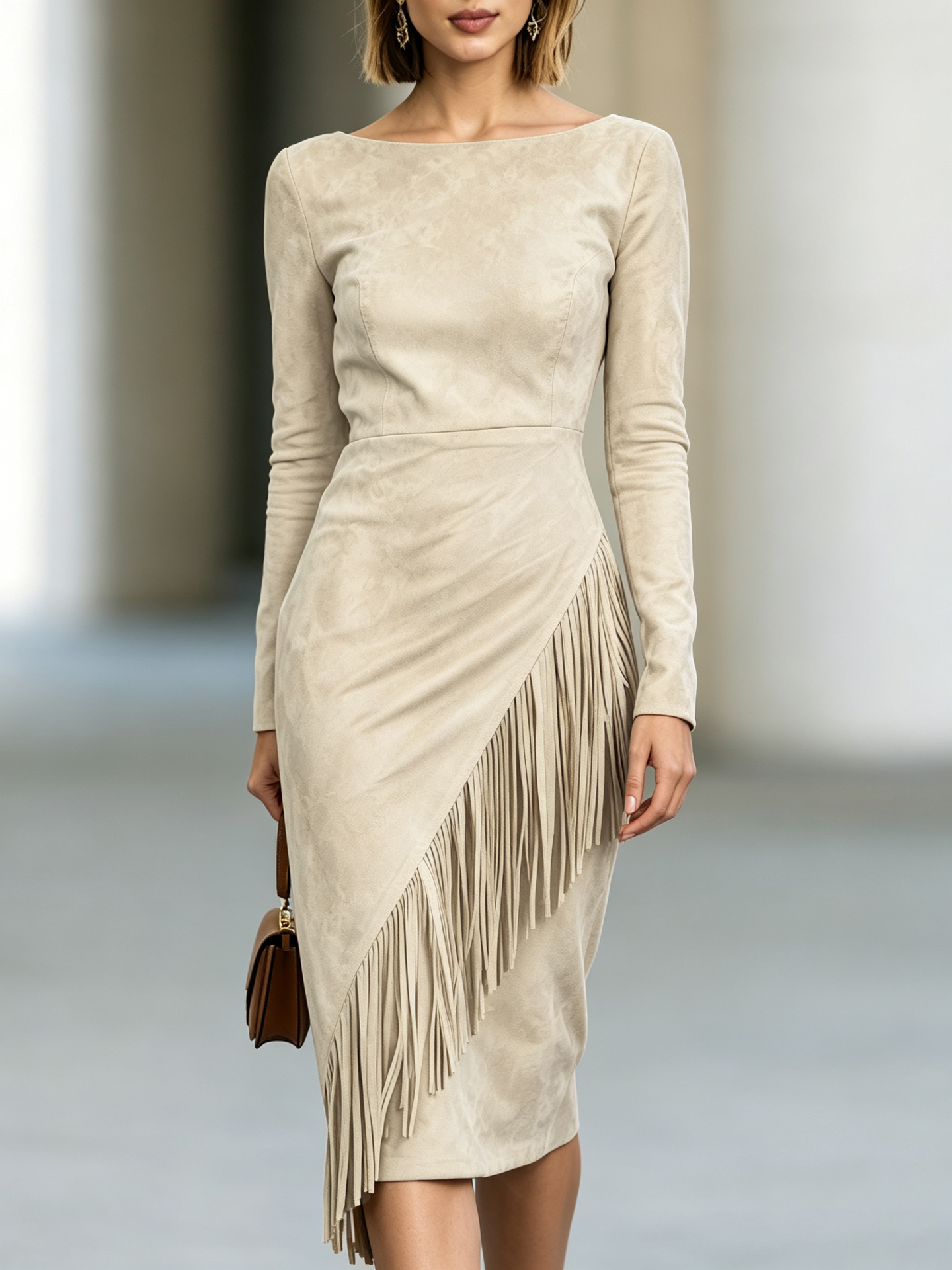 Bohemian Faux Suede Fringe Patchwork Long Dress