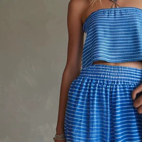 Blue Striped Off-Shoulder Top and Wide-Leg Pants Set