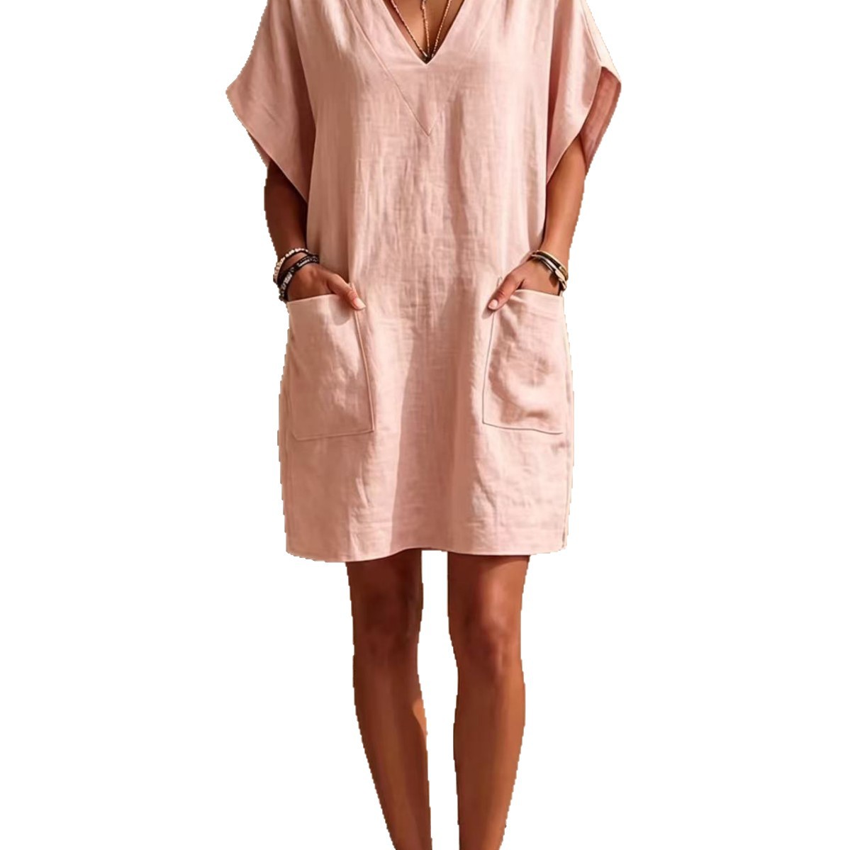V-Neck Loose Pocket Midi Dress