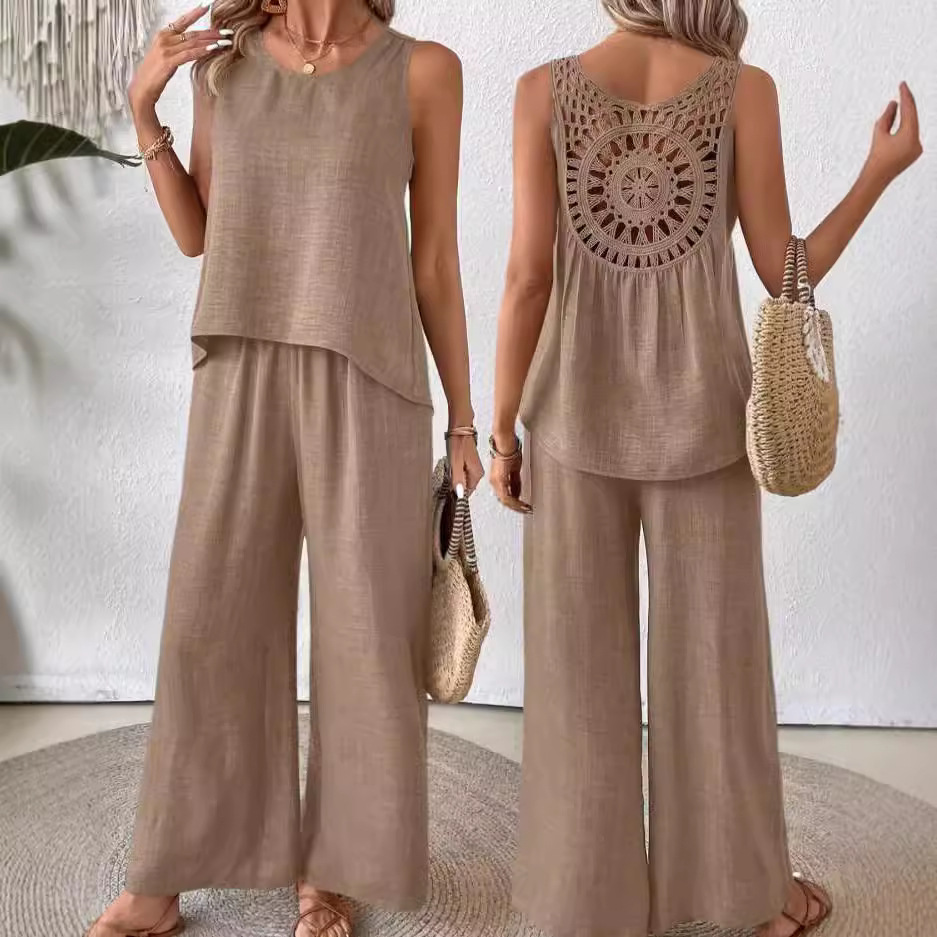 Women's Solid Color Back Cutout Lace Trim Sleeveless Top Set