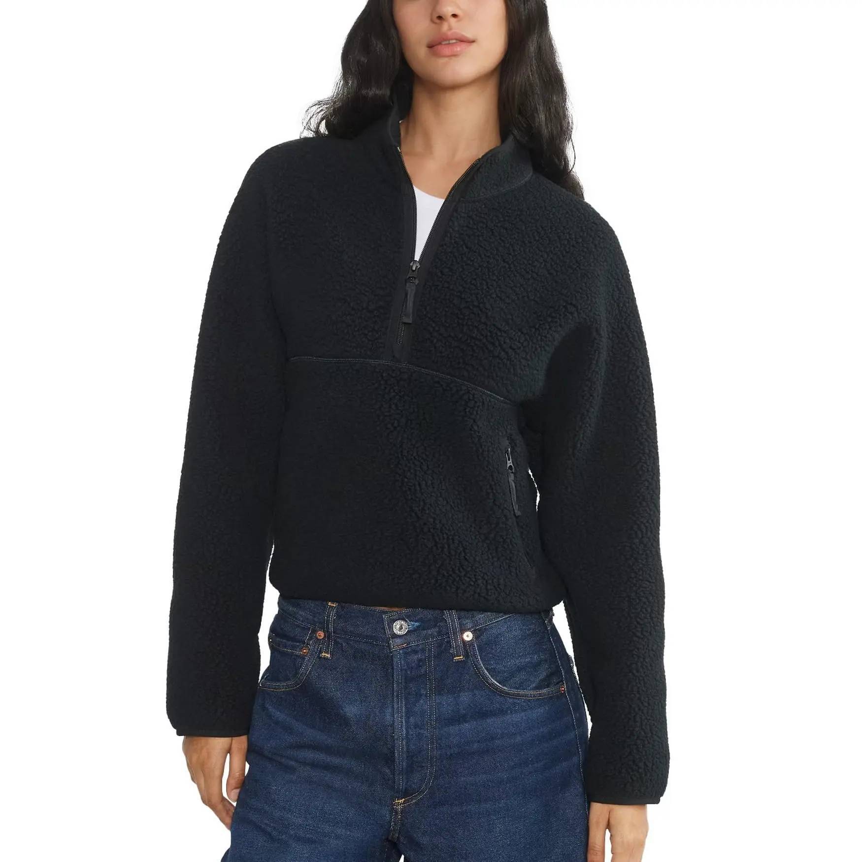 Women's Retro Fleece Half-Zip Pullover Sweatshirt Solid Stand Collar