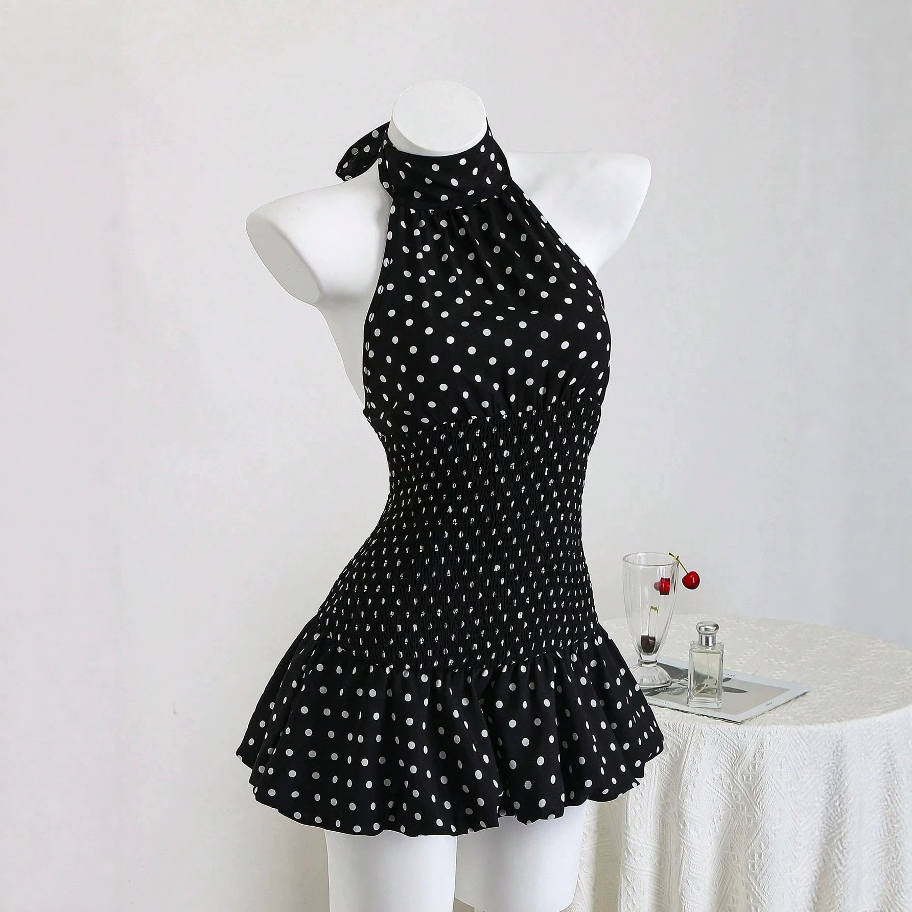 Women's Sleeveless Halter Polka Dot Tie-Back A-Line Mini Dress