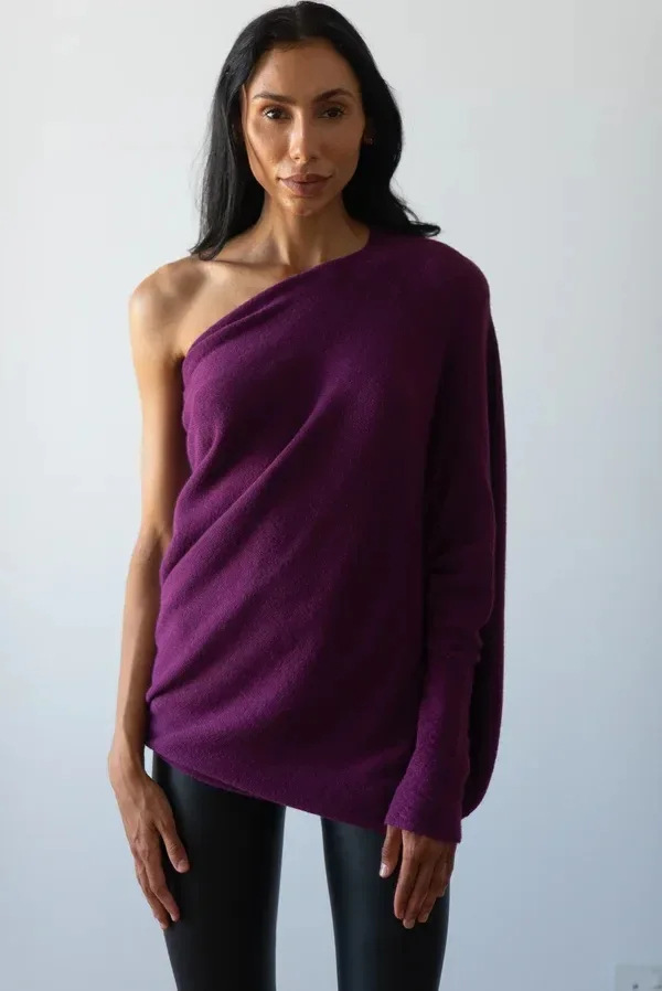 Solid Crewneck Long-Sleeve Knit Pullover Sweater with Ruched Detail