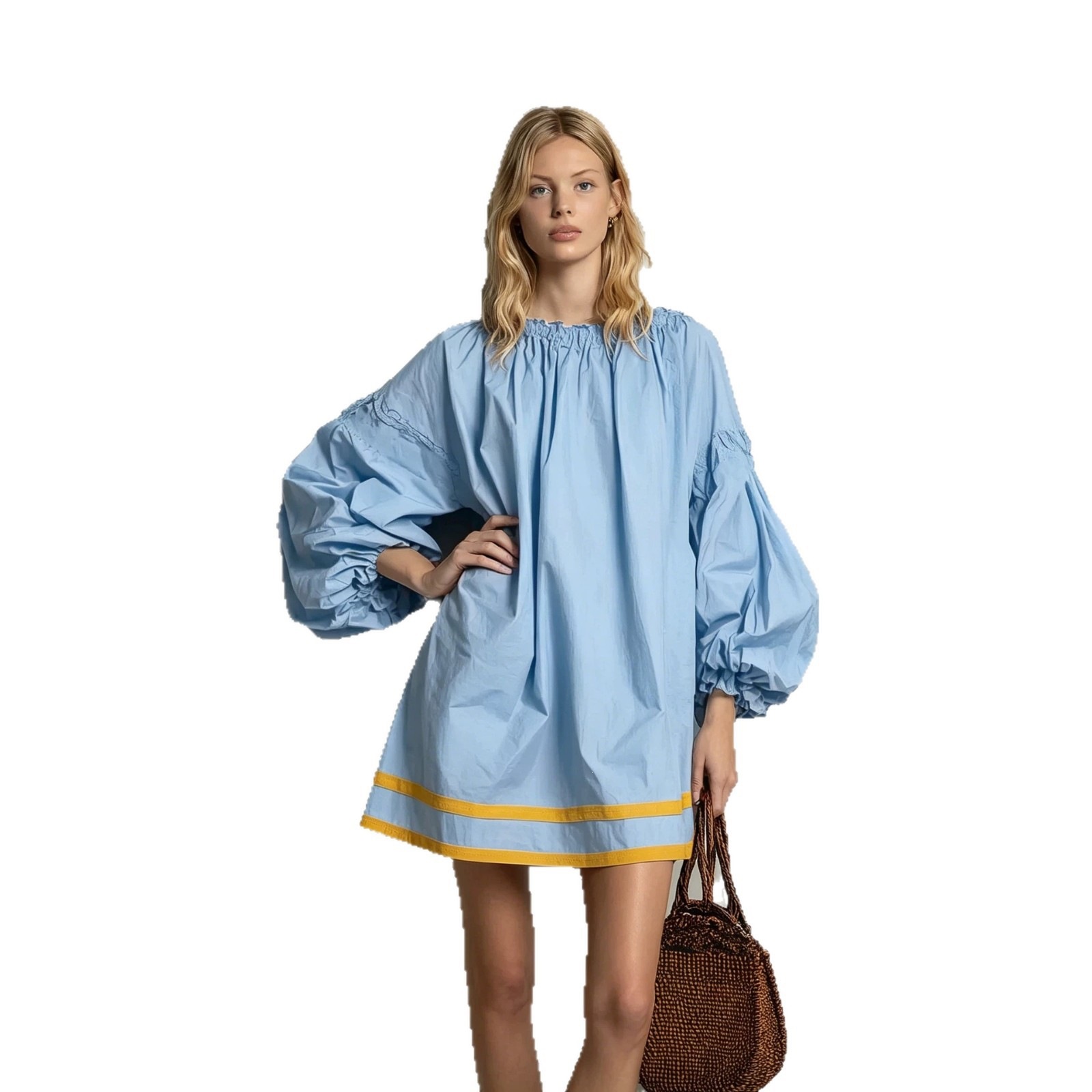 Women's Loose A-Line Dress with Round Neck, Puff Sleeves, Colorblock Patchwork, Short Babydoll Vacation Style