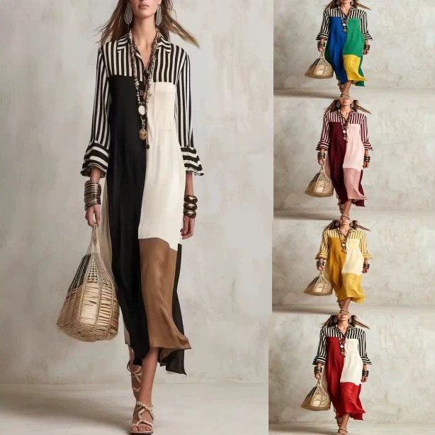 Striped Colorblock V-Neck Shirt Dress with Three-Quarter Sleeves