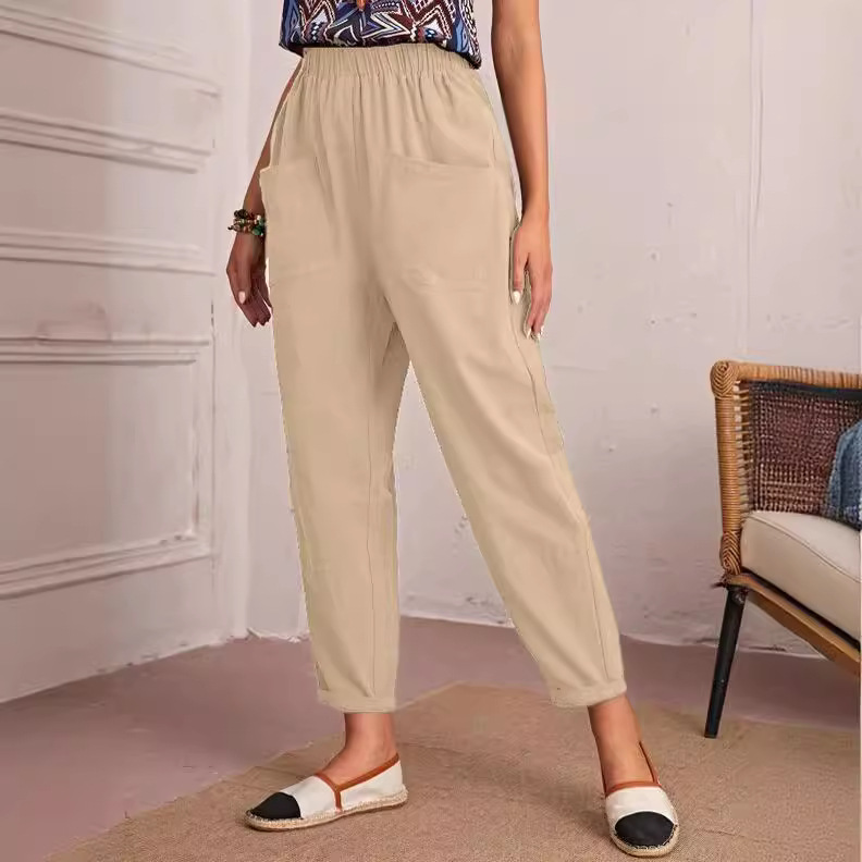 Women's All-Season Cotton-Blend Cropped Pants with Elastic Waist and Slant Pockets