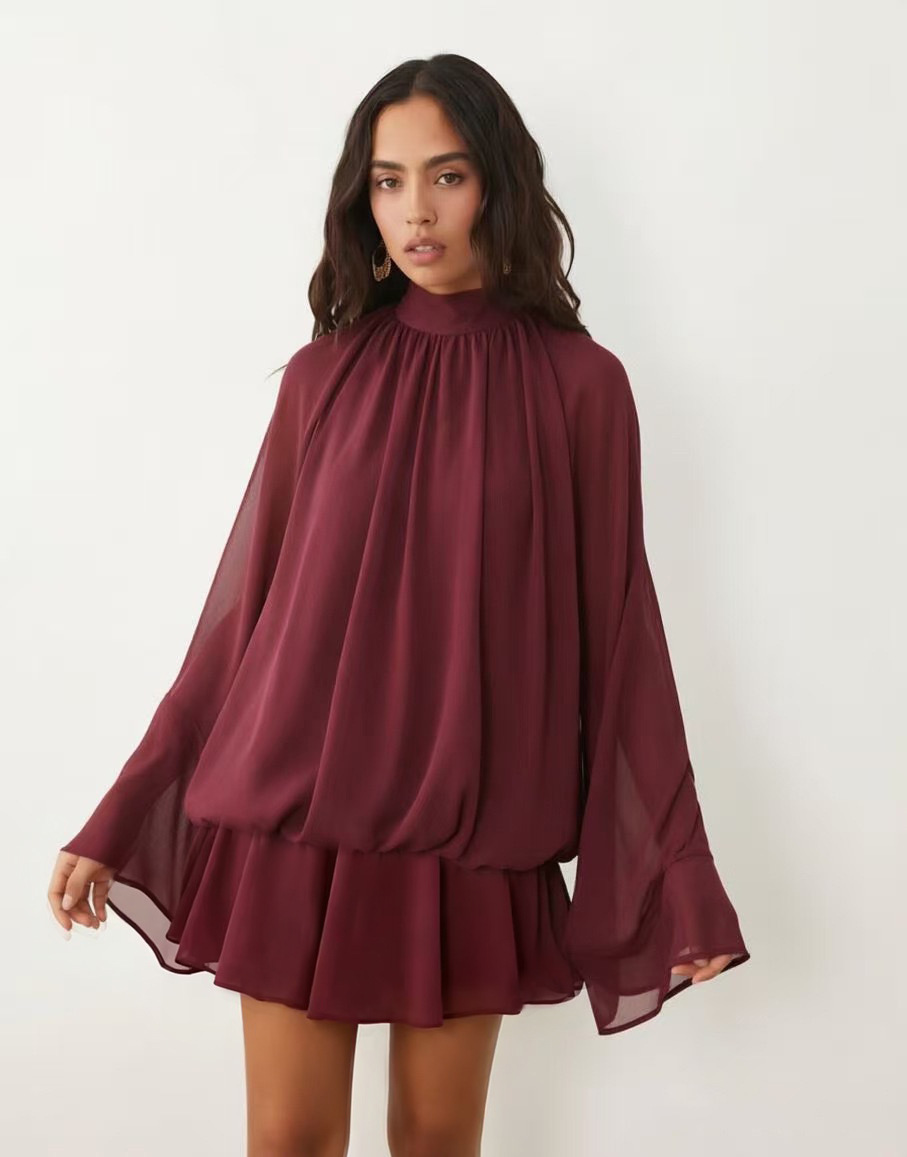 Women's High Neck Puff Hem Open Back Long Sleeve Dress