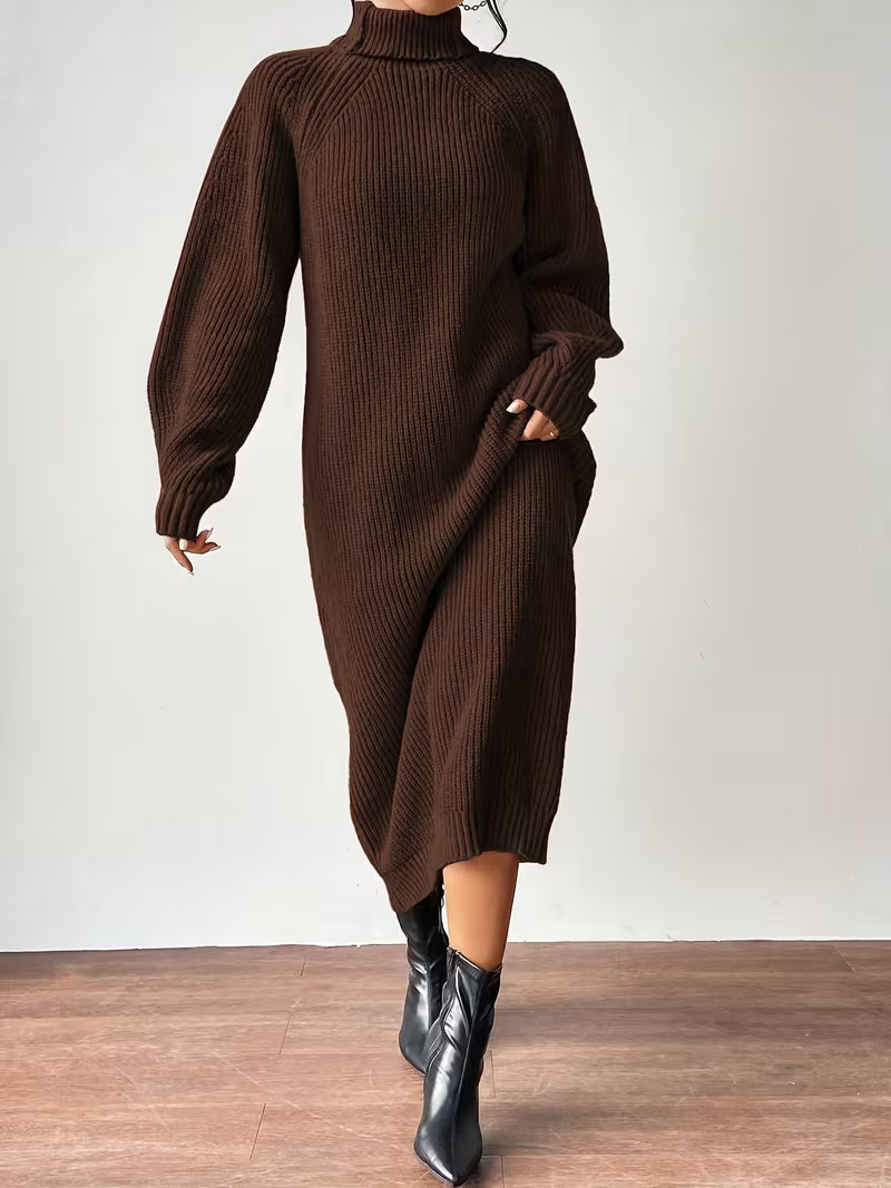 Women's Turtleneck Long Sleeve Knit Sweater Dress Solid Color Long Pullover