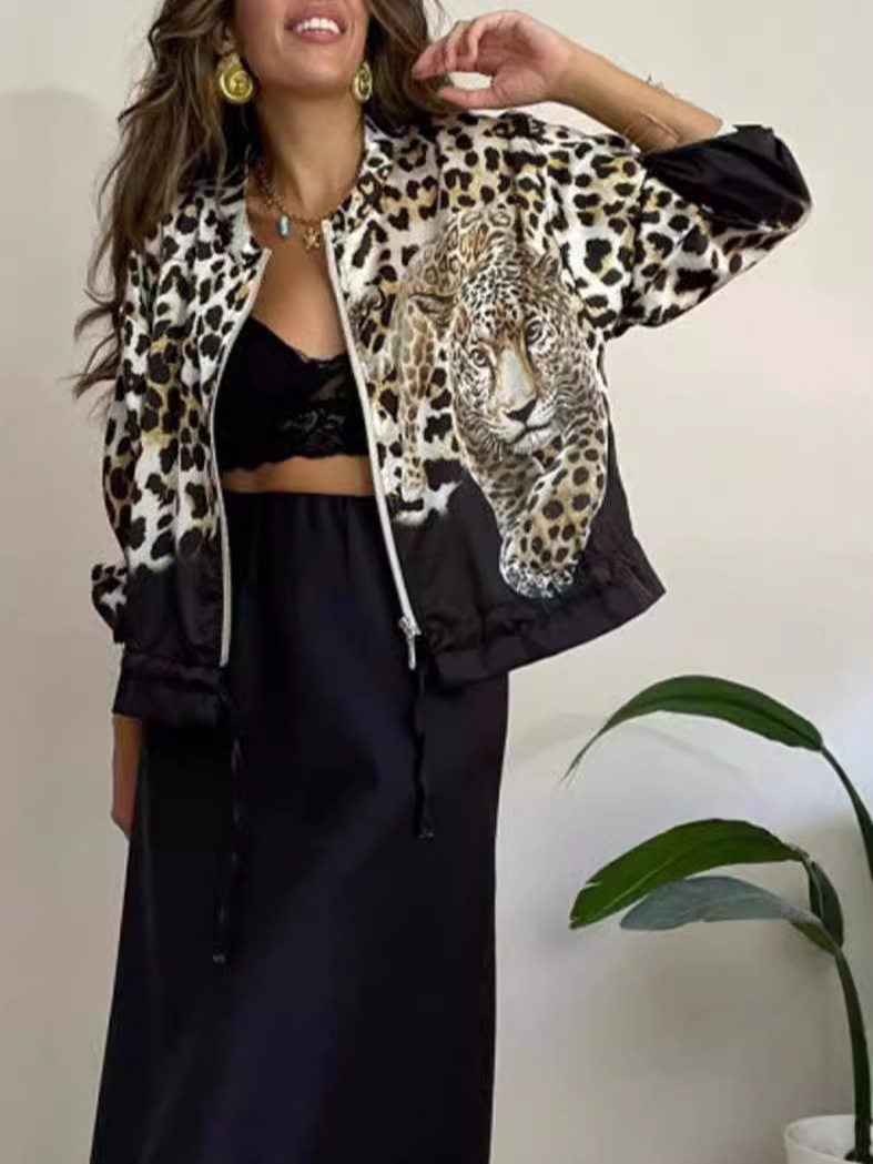 Women's Leopard Print Zip-Up Jacket Casual Loose Fit