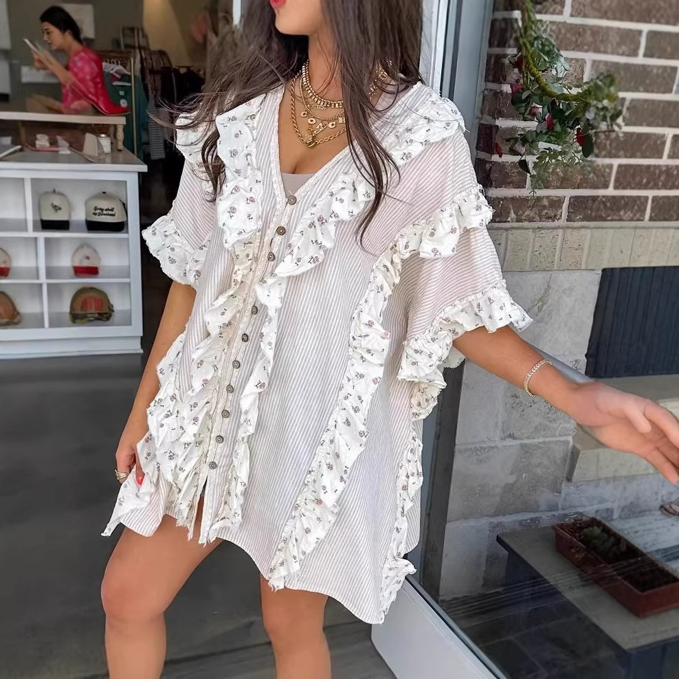 V-Neck Short Sleeve Patchwork Digital Print Shirt Dress